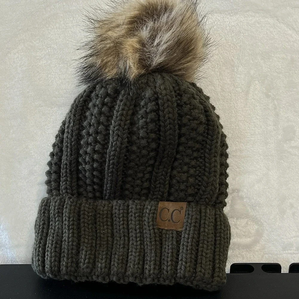 C.C. Beanie Toboggan Thick Cable Knit Faux Fur Pom Pom Hat Army Green